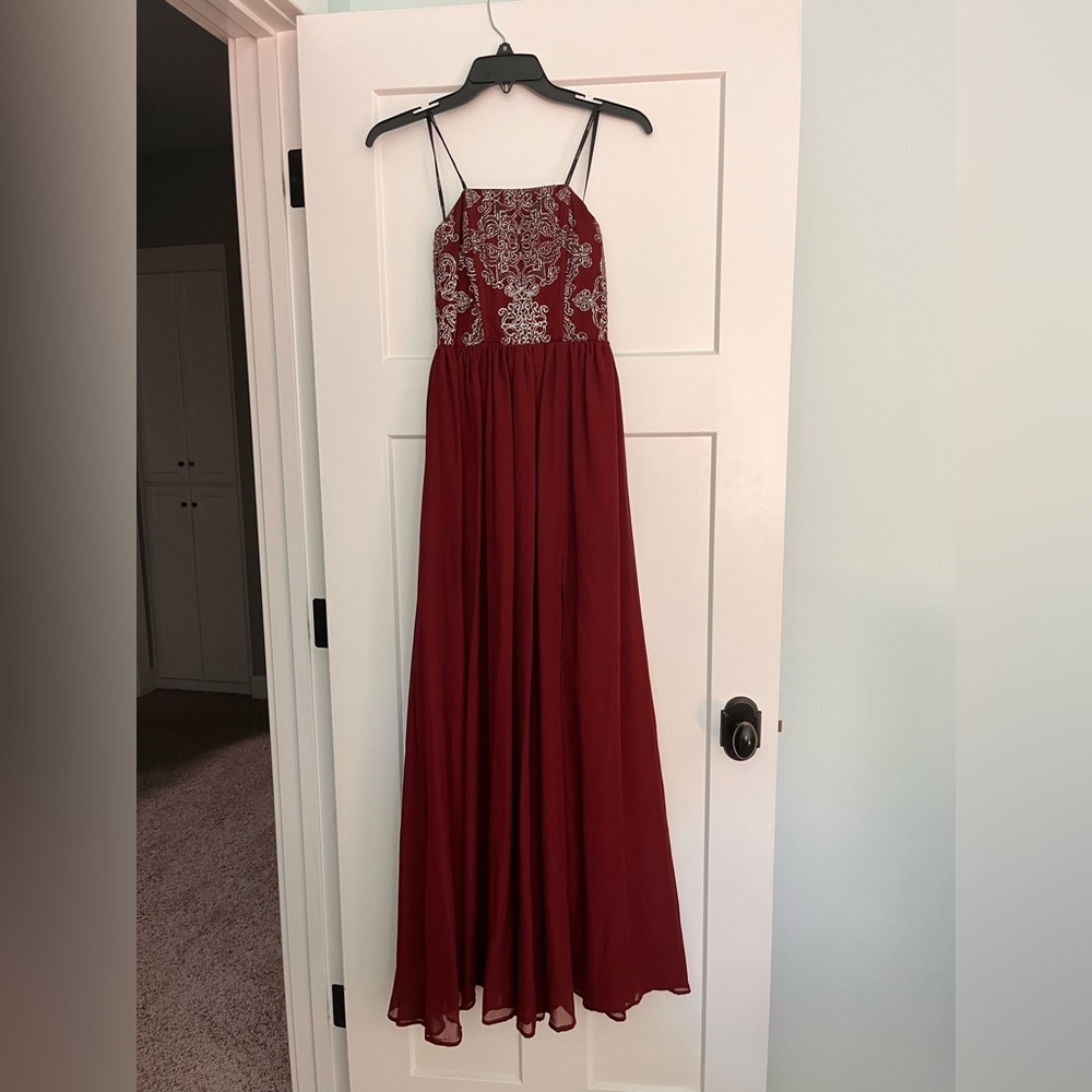 Maroon and silver sparkle prom dress